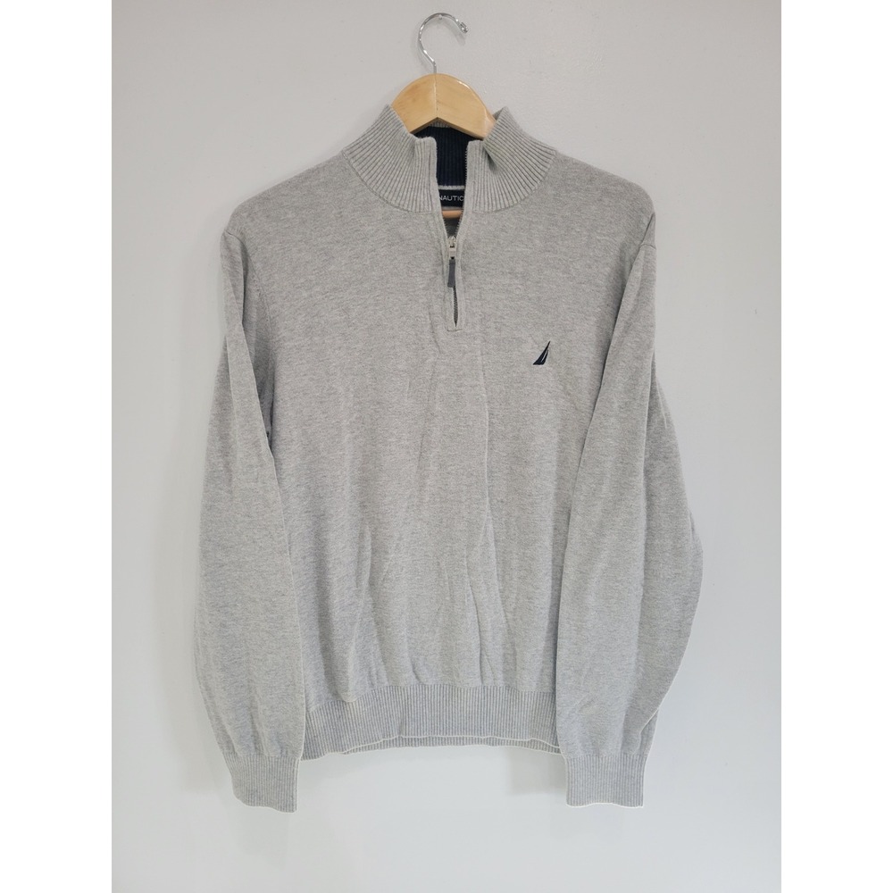Nautica Mens Quarter Zip Pullover Sweater Heather Gray Mock‎ Neck Size Large